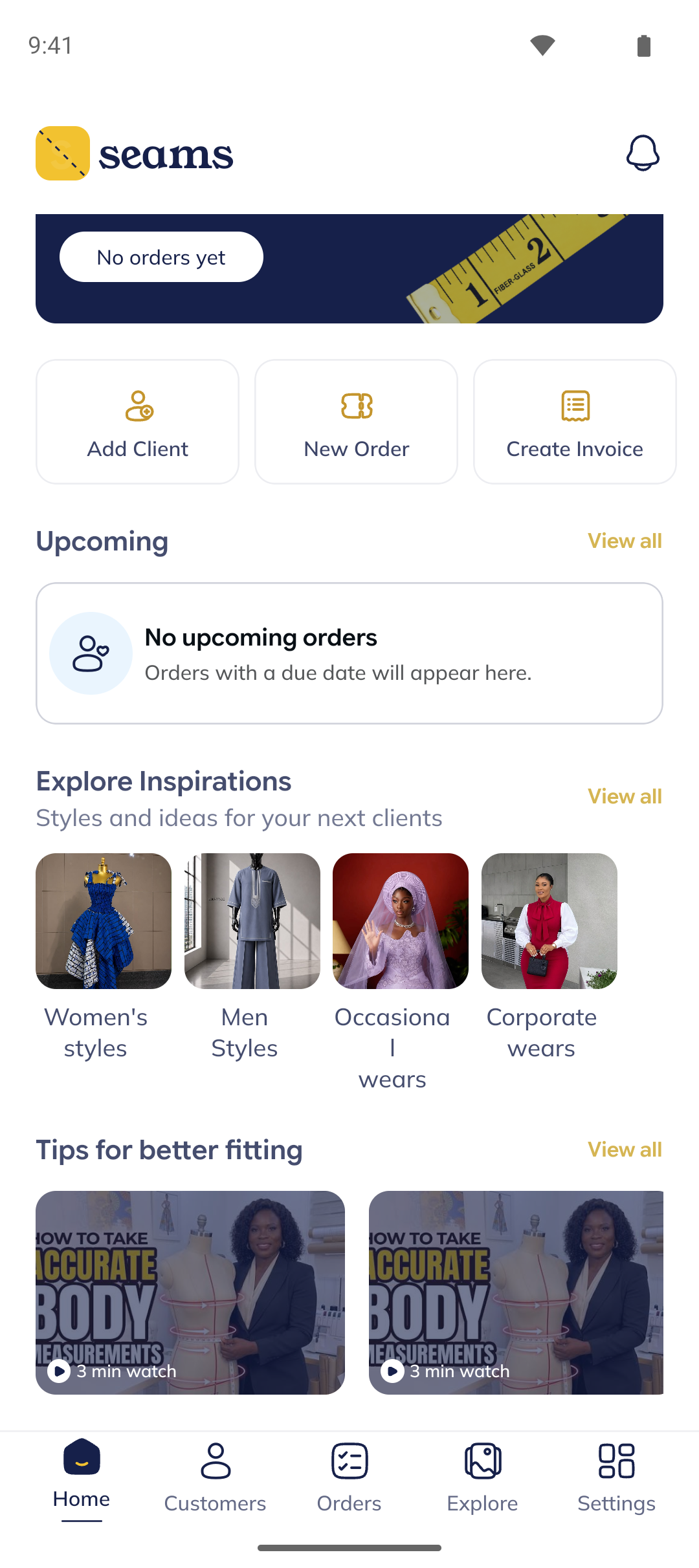 Seam home: quick actions, upcoming orders, style inspiration and fitting tips