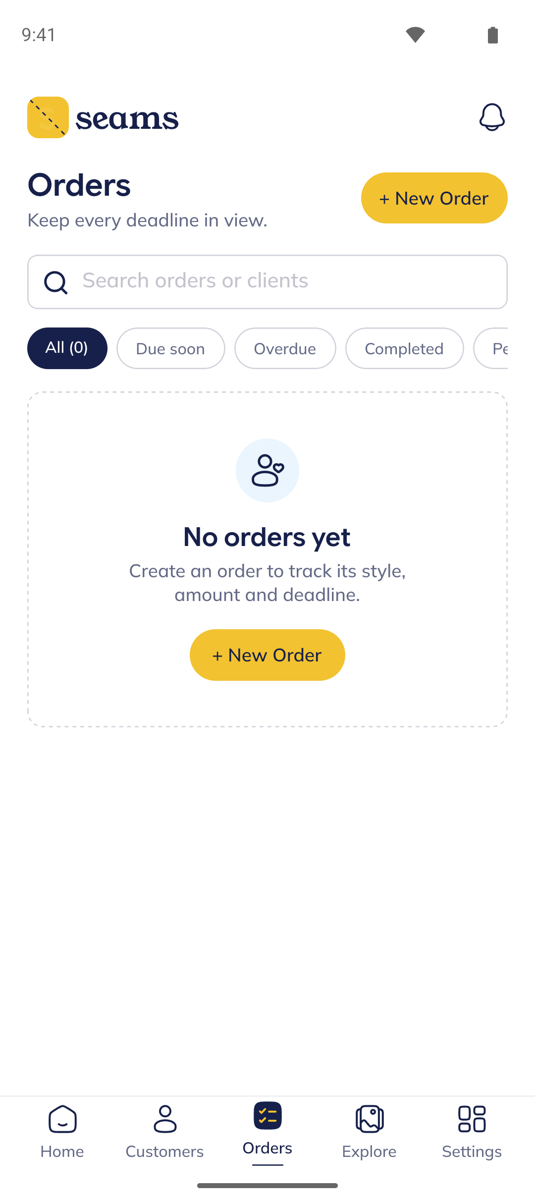 Seam orders list with filters for due soon, overdue and completed